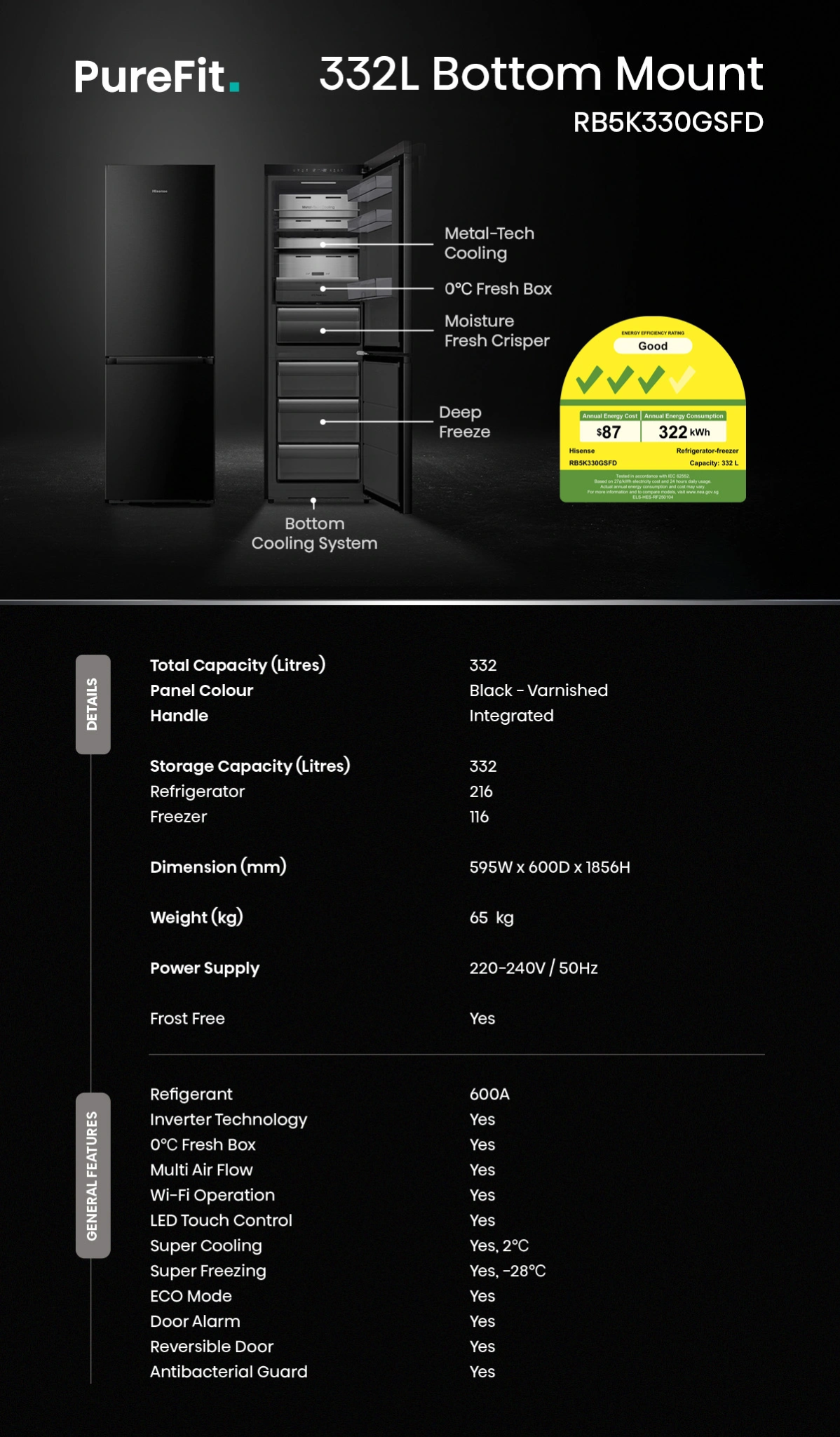 Hisense 332L PureFit RB5K330GSFD – RB5K330GSFD model specifications