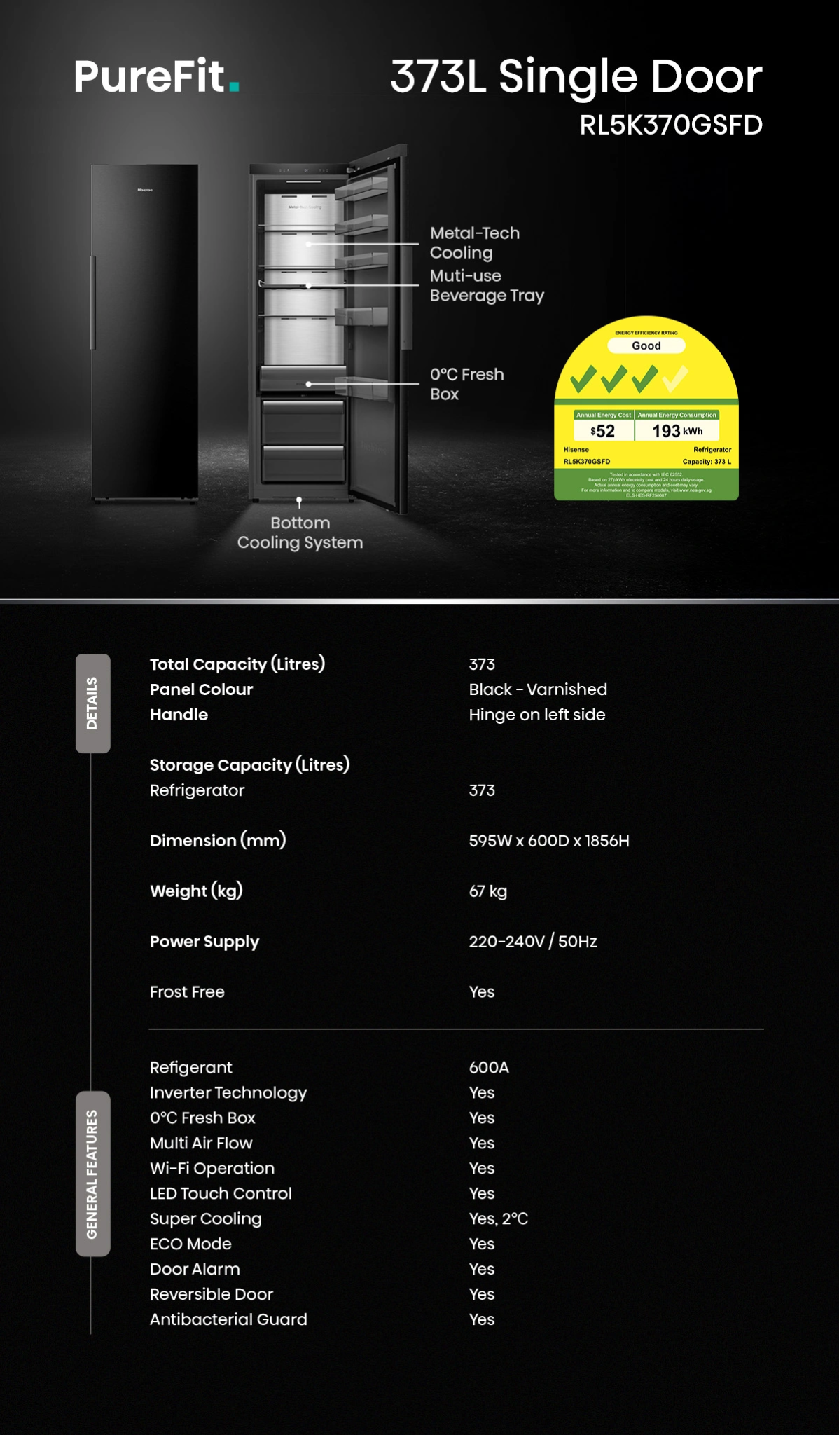 Hisense RL5K370GSFD 373L PureFit model specifications