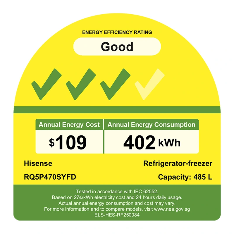 Hisense RQ5P470SYFD 485L four-door refrigerator – Singapore 3 tick energy label