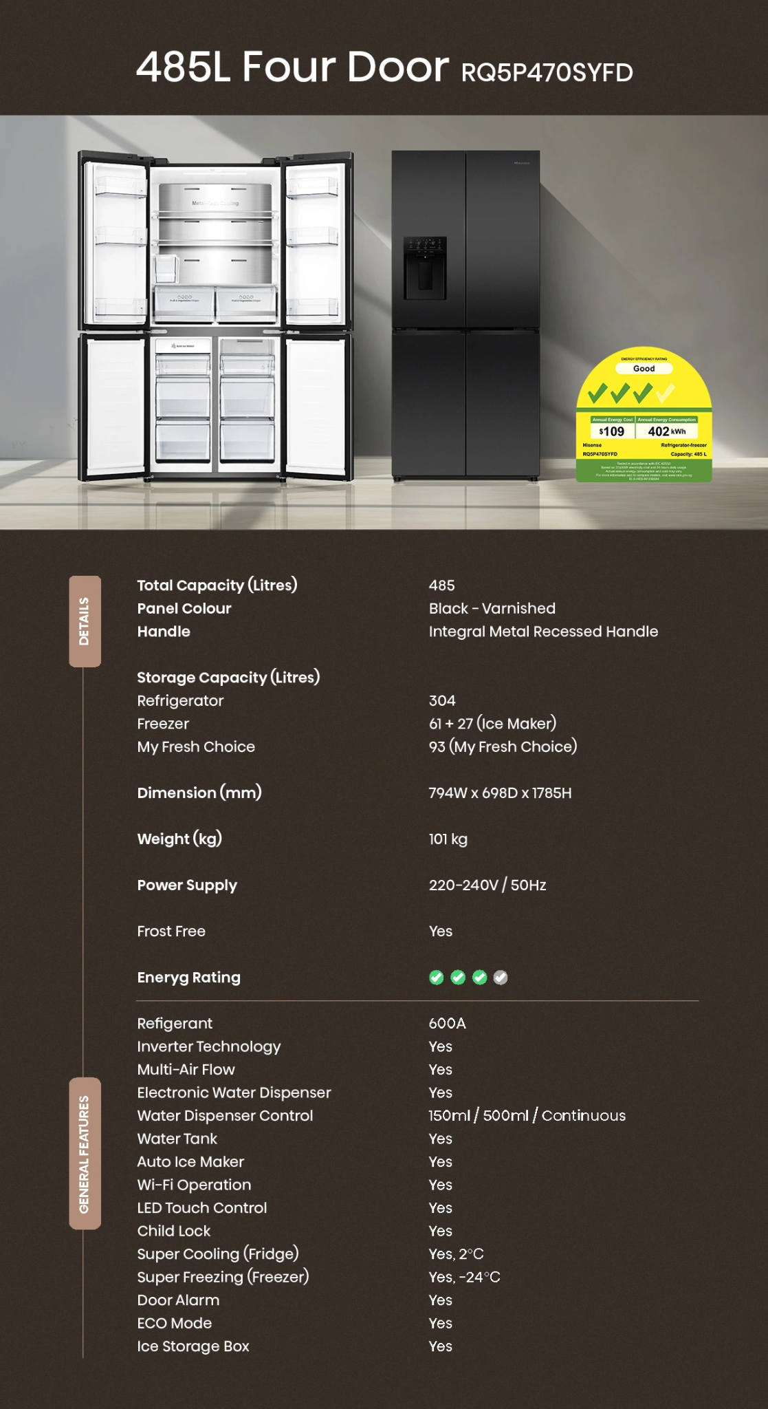 Hisense RQ5P470SYFD 485L four-door refrigerator – Full manufacturer specifications