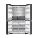 Hisense 649L four-door black smart refrigerator showing interior shelves and digital control panel