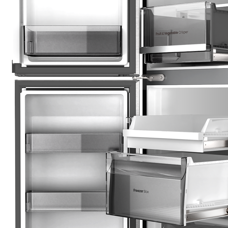 Hisense 649L four-door smart refrigerator in black with digital display and multiple compartments, modern kitchen appliance.