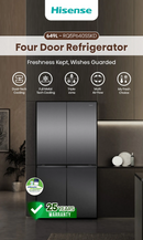 Hisense 649L black four-door smart refrigerator with digital display and sleek design, showing interior shelves and storage compartments.