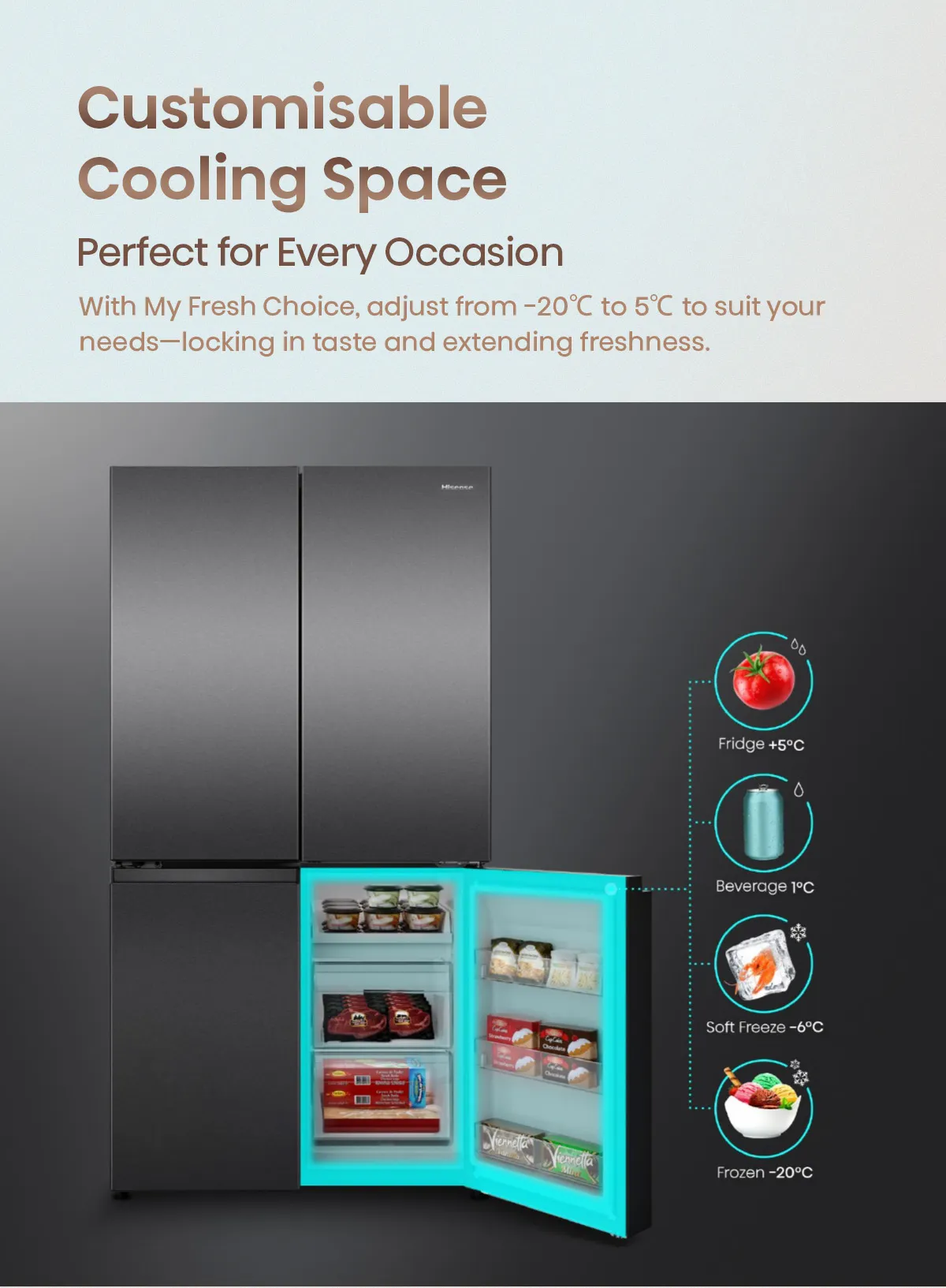 Hisense 649L black four-door smart refrigerator with digital display and sleek design, showing interior shelves and storage compartments.