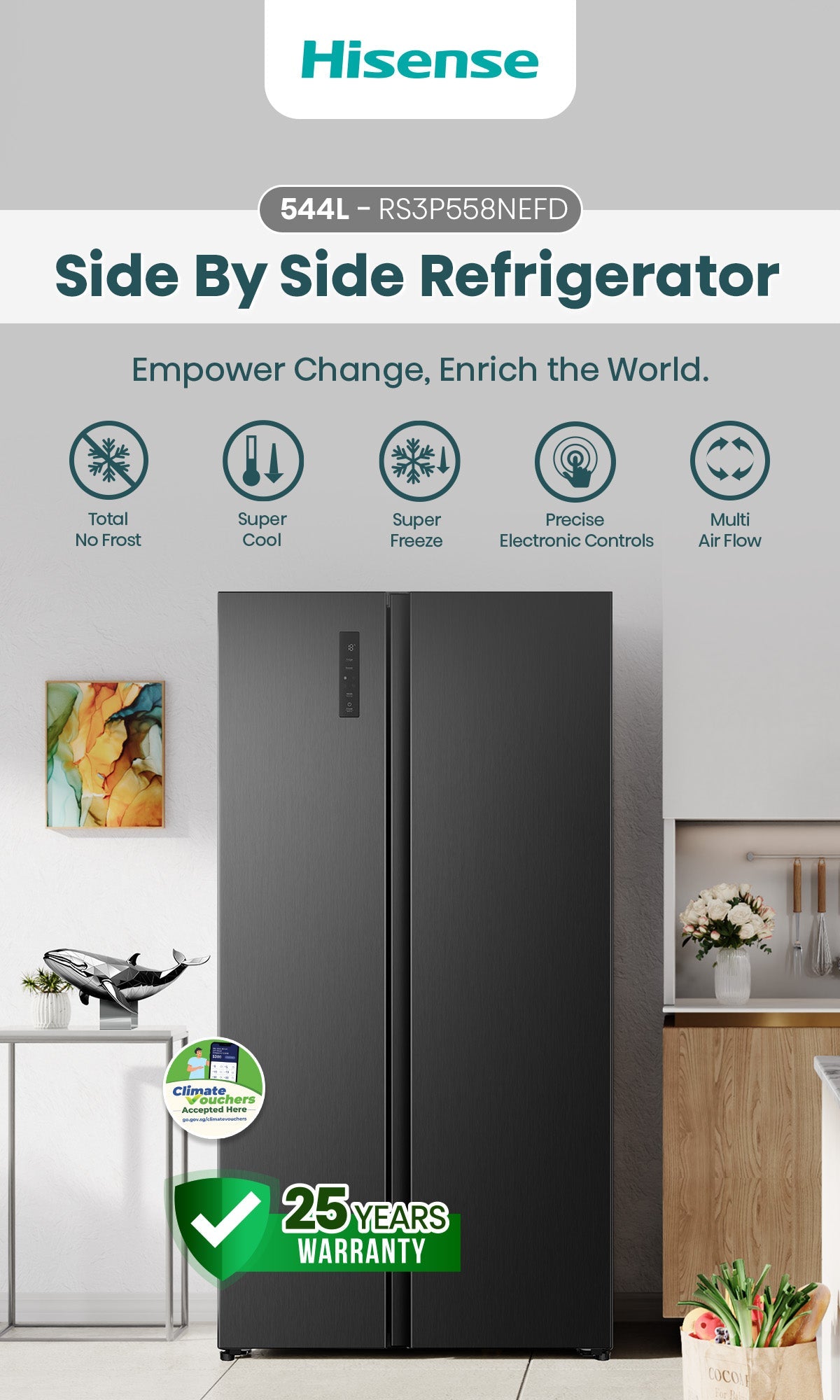 Hisense RS3P558NEFD 544L Black Side-by-Side Refrigerator feature graphic 5