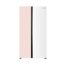 Hisense RS558P3GXD 544L white and creamy orange side-by-side inverter refrigerator with sleek design and digital controls.