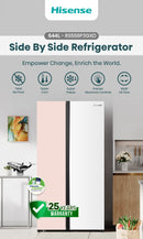 Hisense RS558P3GXD side-by-side inverter refrigerator in white and creamy orange with dual doors and digital display.