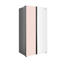 Hisense RS558P3GXD 544L white and creamy orange side-by-side inverter refrigerator with sleek door design.