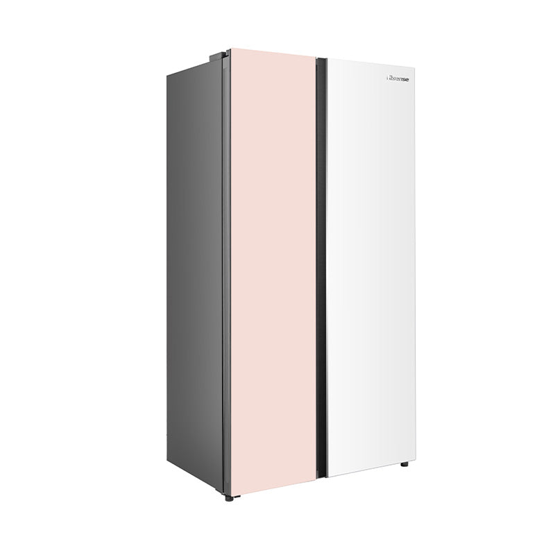 Hisense RS558P3GXD 544L white and creamy orange side-by-side inverter refrigerator with sleek door design.
