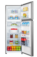 Hisense 327L top mount inverter refrigerator in silver with a sleek design and digital display, showcasing the appliance's front view.