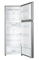 Hisense 327L top mount inverter refrigerator in silver with a sleek design and digital control panel, side view of the RT469N4SSV model.