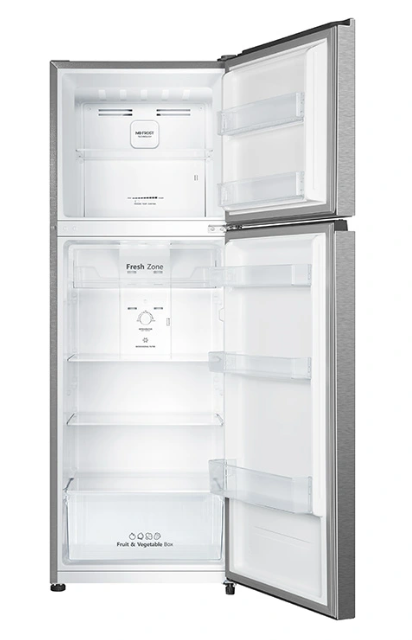 Hisense 327L top mount inverter refrigerator in silver with a sleek design and digital control panel, side view of the RT469N4SSV model.