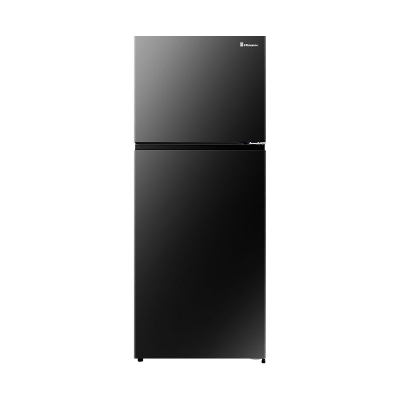 Hisense 424L black glass top mount inverter refrigerator with sleek design and digital display, showing the fridge and freezer compartments.