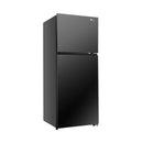 Hisense 424L black glass top mount inverter refrigerator with sleek design and digital display, showing the front view of the appliance.