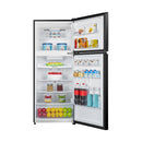 Hisense 424L black glass top mount inverter refrigerator with sleek door design and digital control panel.