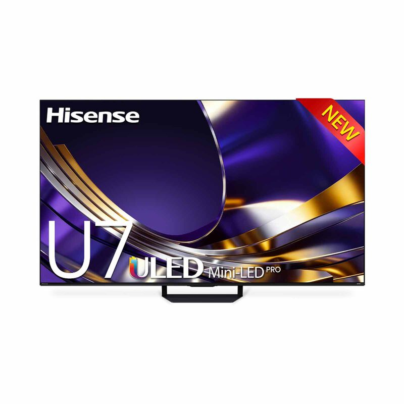 Hisense U7S 4K ULED Mini-LED Pro Smart TV displaying vibrant colorful images on a large screen in a modern living room.