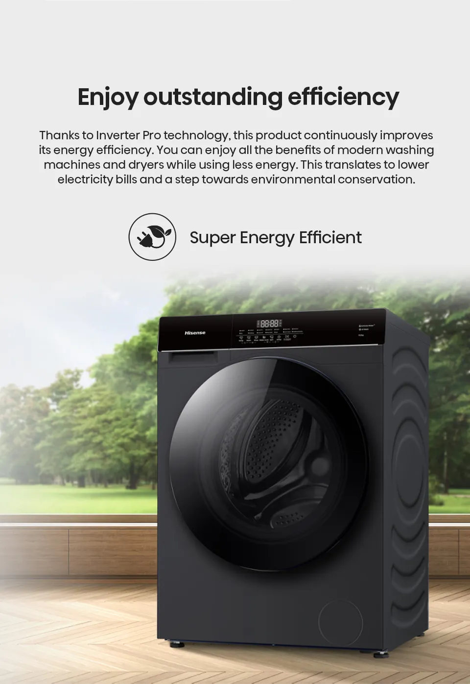 Hisense M3 Series 10.5kg/7kg front load washer dryer, modern appliance with digital control panel and drum inside