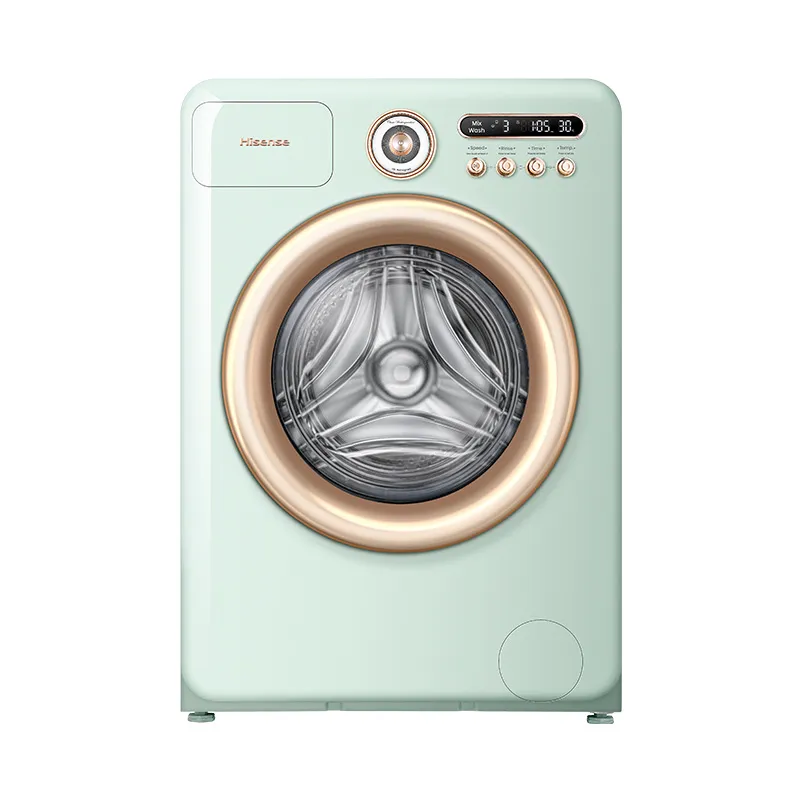 Hisense Moderno Series front load washer and dryer set with silver finish, featuring control panel and door handles.