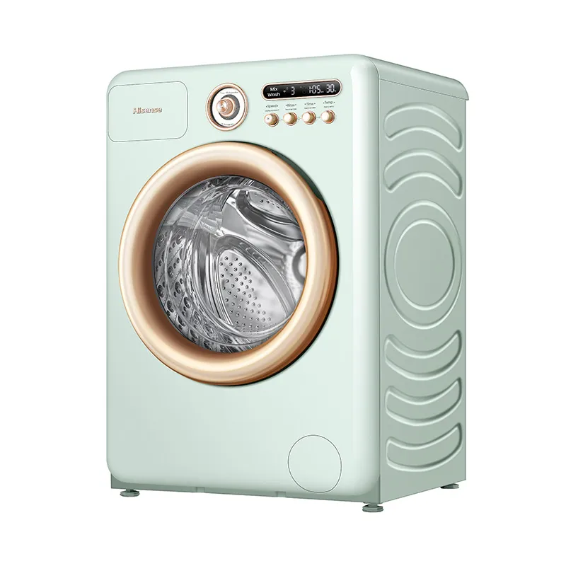 Hisense Moderno Series front load washer and dryer in silver with digital control panel and drum doors.