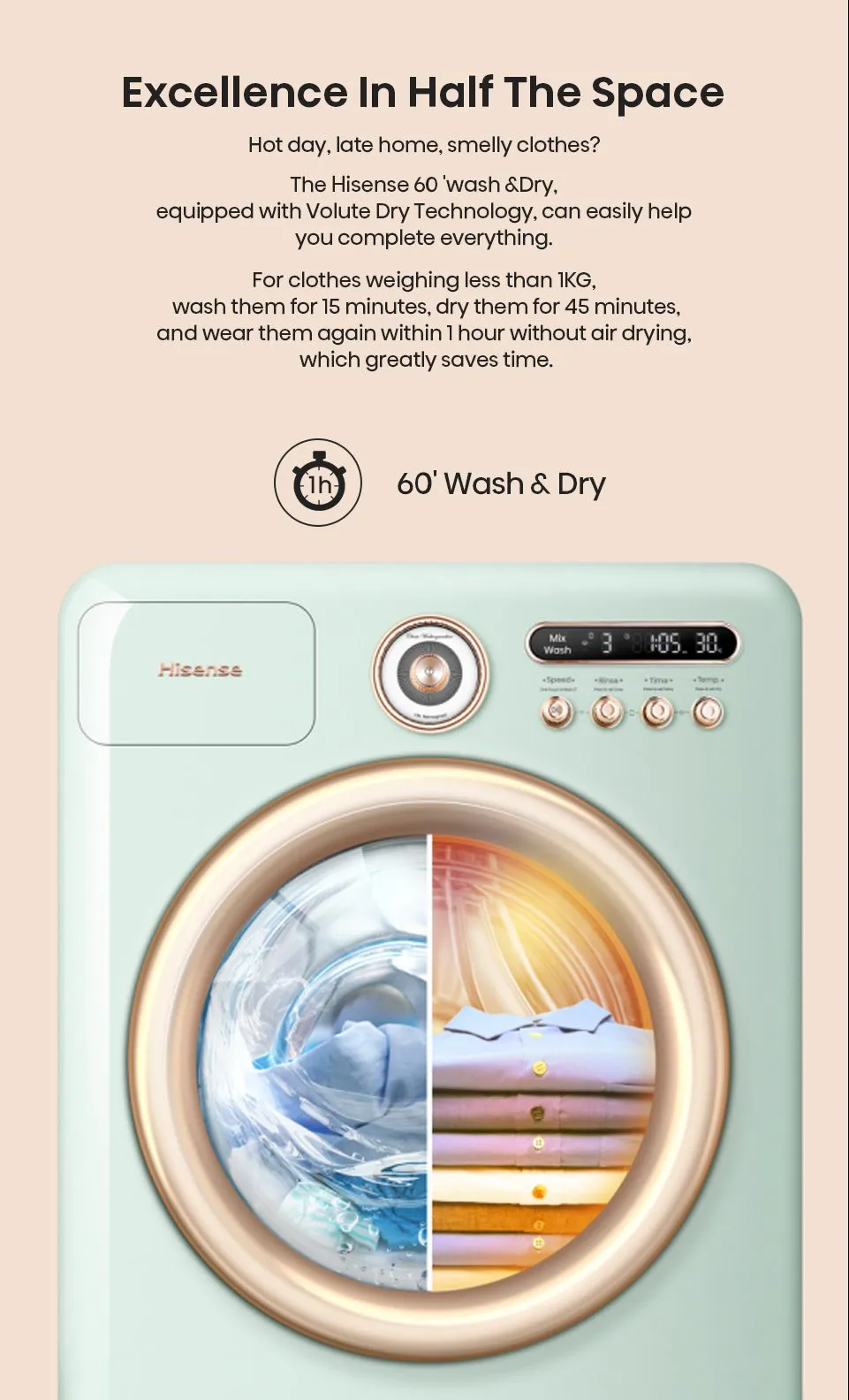 Hisense Moderno Series front load washer and dryer unit with digital display, white finish, and control panel featuring multiple settings.