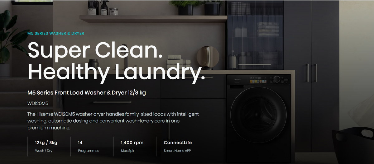 Hisense M5 Series front load washer and dryer WD120M5 in white, showing the control panel and door of the laundry appliance.