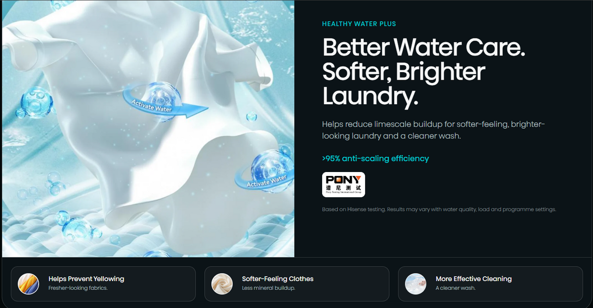 Hisense M5 Series front load washer and dryer, 12/8kg capacity, in sleek white finish, with digital control panel and door.