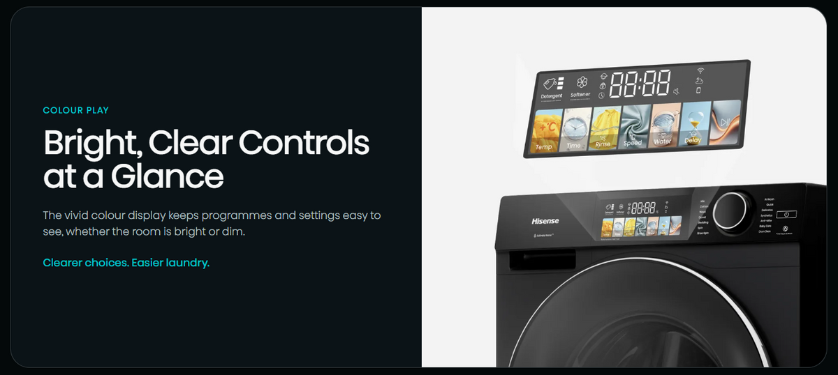 Hisense M5 Series front load washer and dryer in white with digital display and control panel, 12/8kg capacity.