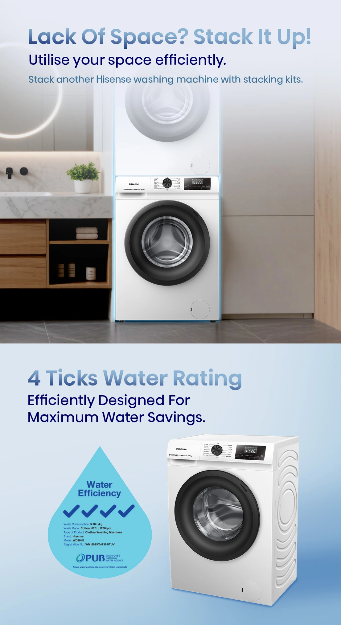 Hisense WD90N1 9kg wash and 6kg dry front load washer dryer unit with digital display and control panel