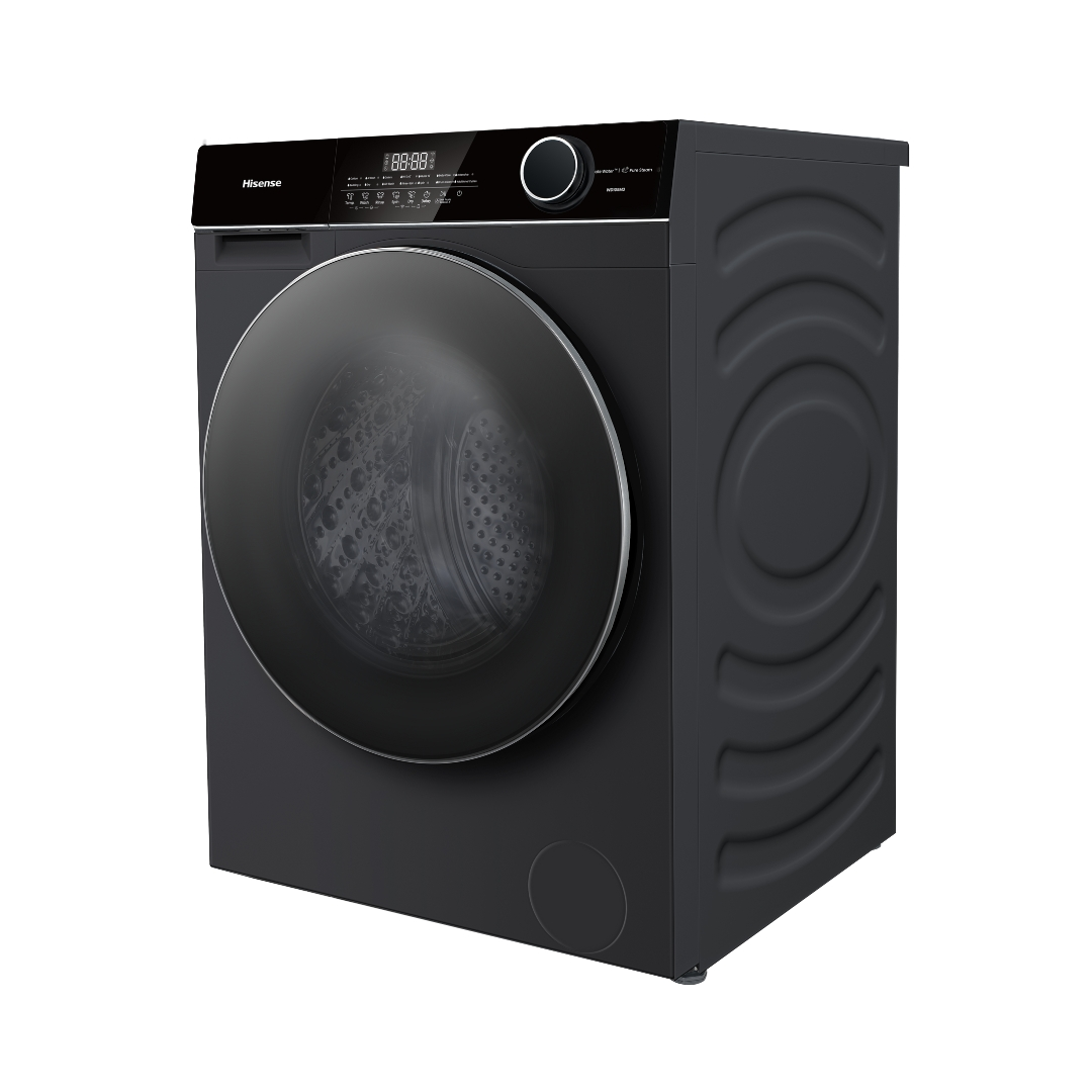 Hisense M3 Series 10.5kg front load washing machine with digital display and stainless steel drum, black finish.