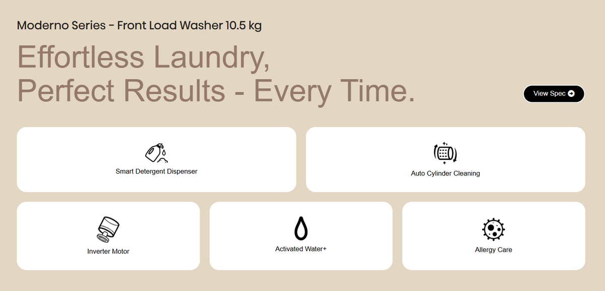 Hisense Moderno Series 10.5kg front load washer with digital display and sleek design, showcasing the front door and control panel.