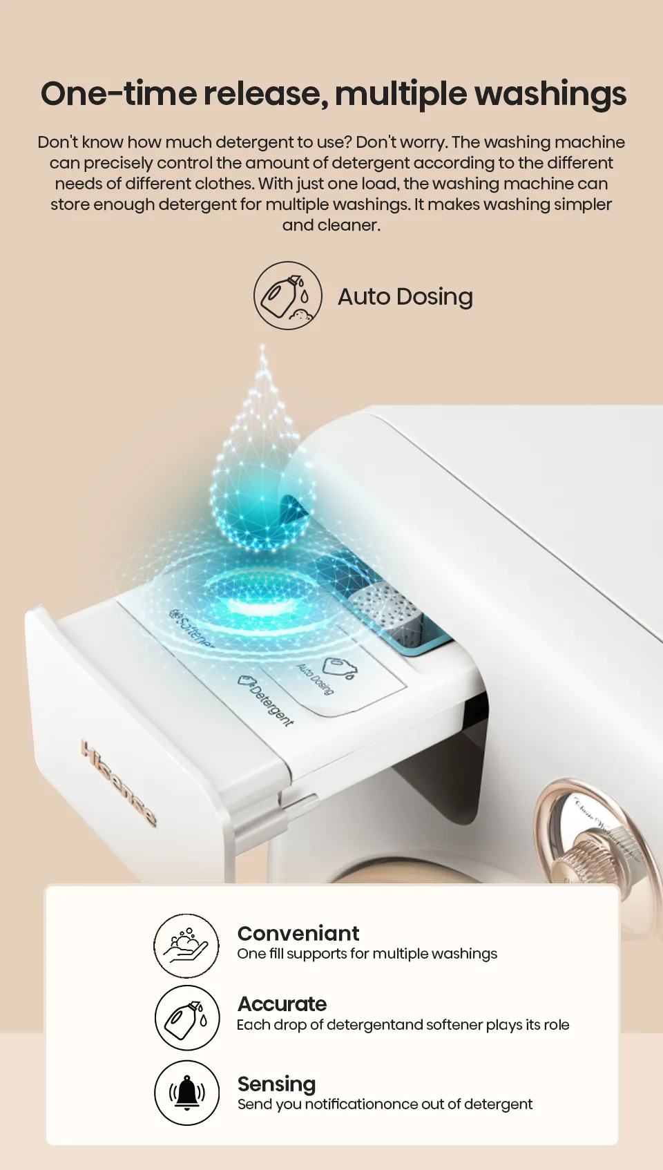 Hisense Moderno Series front load washer with a digital display, white exterior, and control panel in a modern laundry room setting.