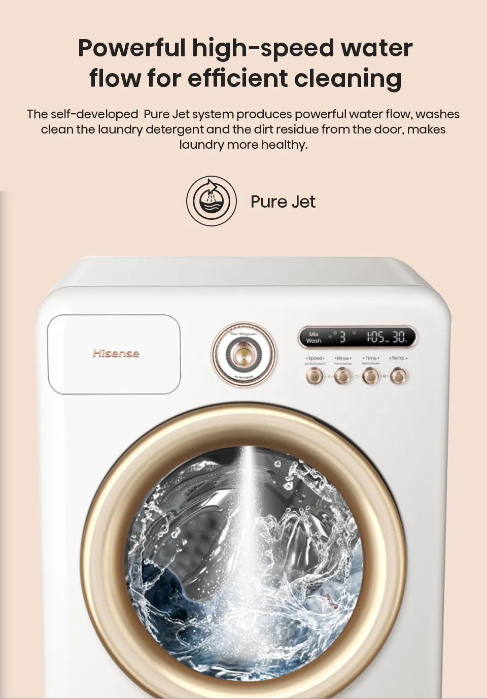 Hisense Moderno Series front load washer with 10.5kg capacity, showcasing sleek design and control panel in a modern laundry space.