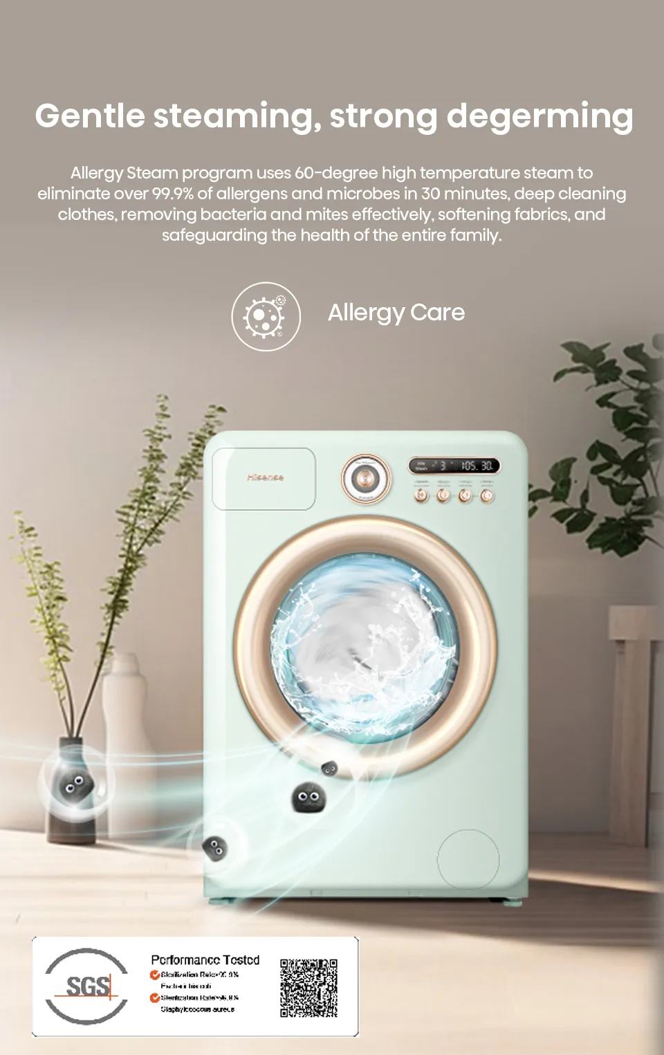 Hisense Moderno Series 10.5kg front load washer with digital control panel and large door in a modern laundry room setting.