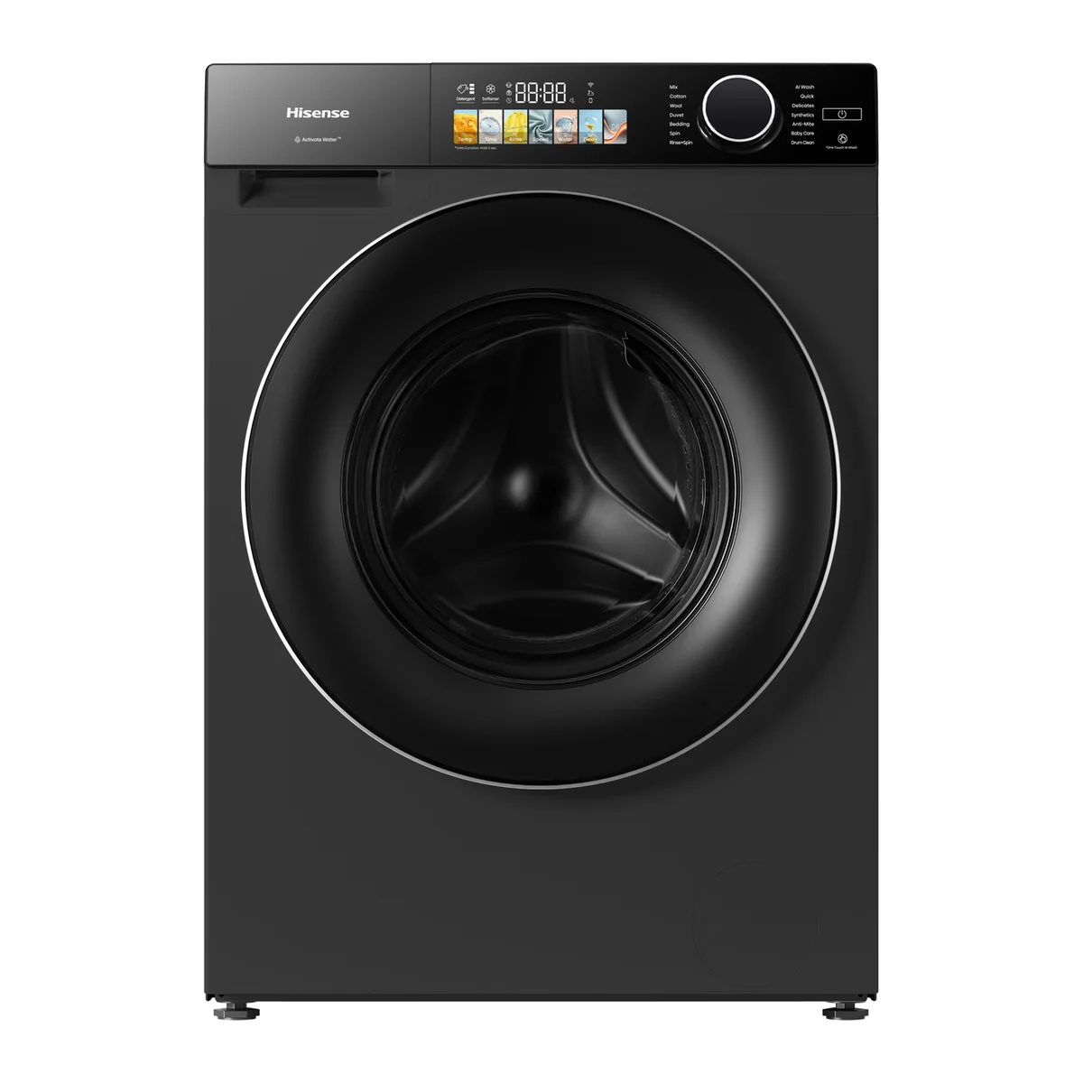 Hisense M5 Series 12kg front load washer with digital display and modern design, showcasing the front of the appliance.