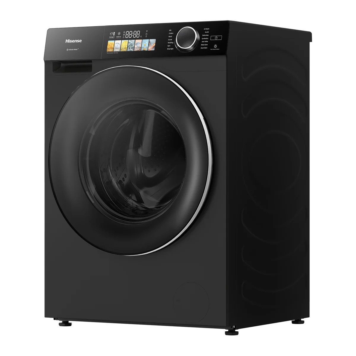 Hisense M5 Series 12kg front load washer with digital display and modern design in white, showcasing the appliance's front view.