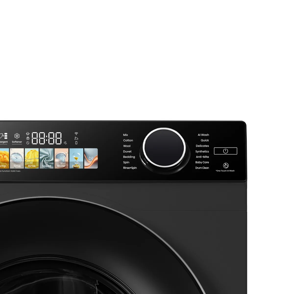 Hisense M5 Series 12kg front load washer with digital display and stainless steel drum, showcasing modern laundry appliance design.