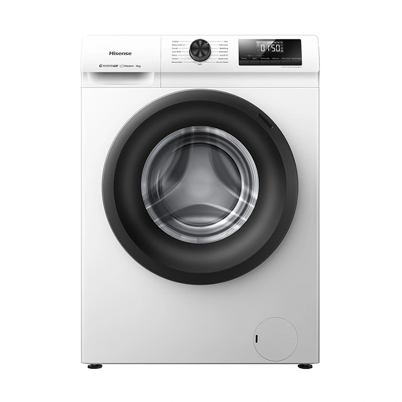 Hisense N1 Series 8kg front load washer with digital display and stainless steel drum, in modern laundry room setting.