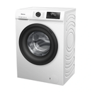 Hisense N1 Series 8kg front load washer with digital display and stainless steel drum, in a modern laundry room setting.