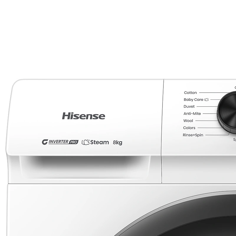 Hisense N1 Series front load washer with 8kg capacity in white, featuring digital controls and a sleek modern design.
