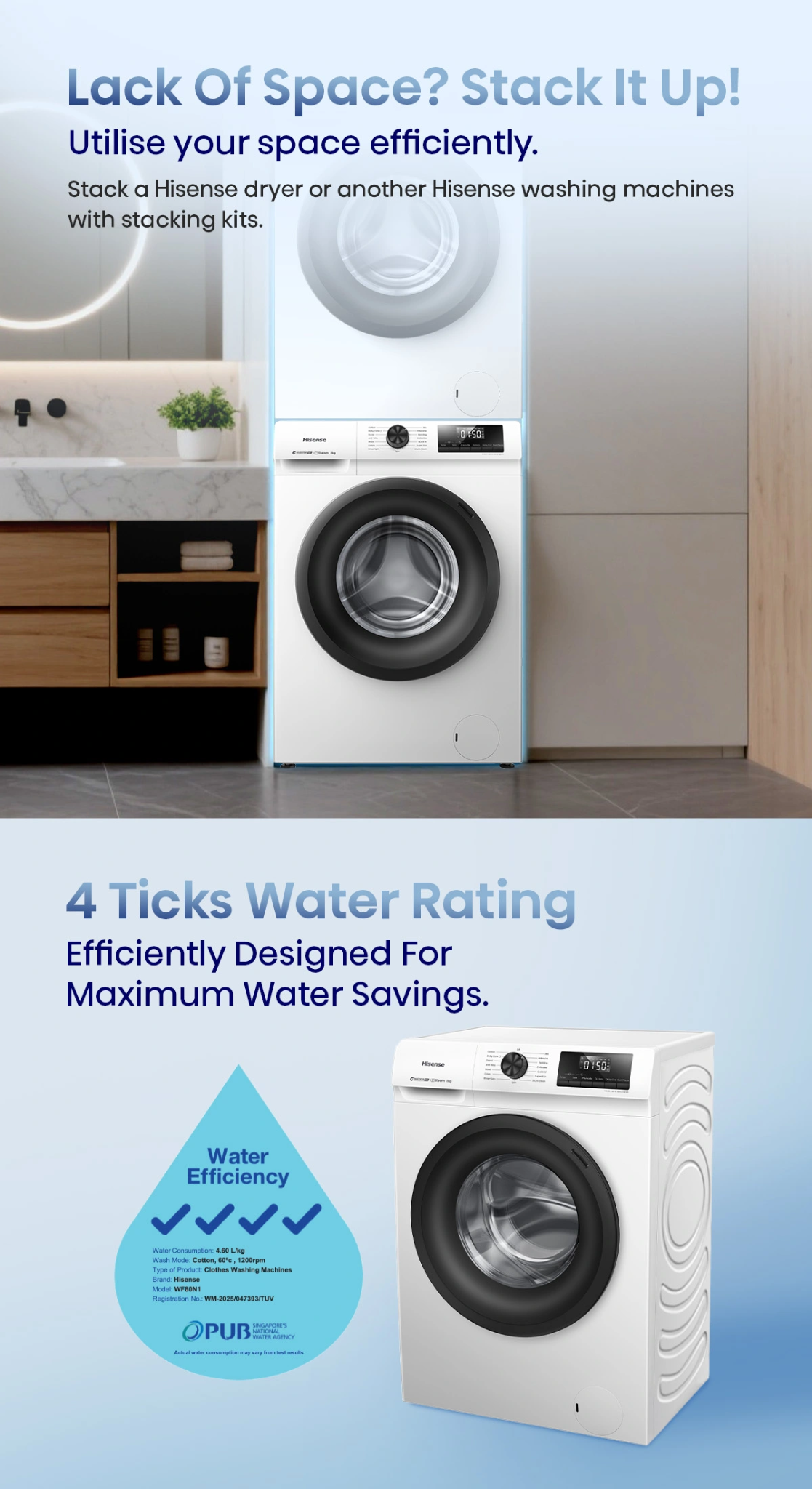 Hisense N1 Series front load washer with 8kg capacity, white appliance with digital control panel and modern design.