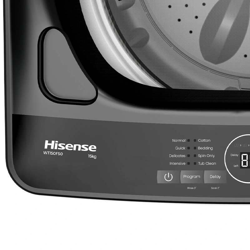 Hisense F50 15kg top load washing machine with digital display and stainless steel drum, front view of the top load washer.