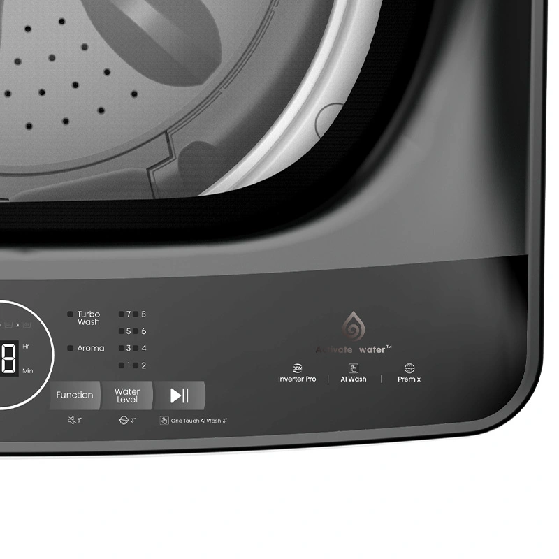 Hisense F50 Smart 15kg top load washing machine with digital display and control panel, in silver finish.