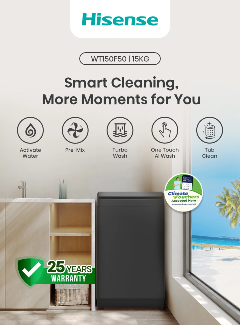 Hisense F50 15kg top load washing machine with control panel and drum, showcasing the modern design of the Hisense WT150F50.