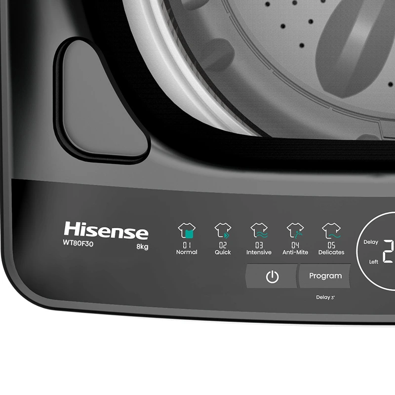 Hisense F Series F30 8kg Smart Top Load Washer with digital control panel and modern design.