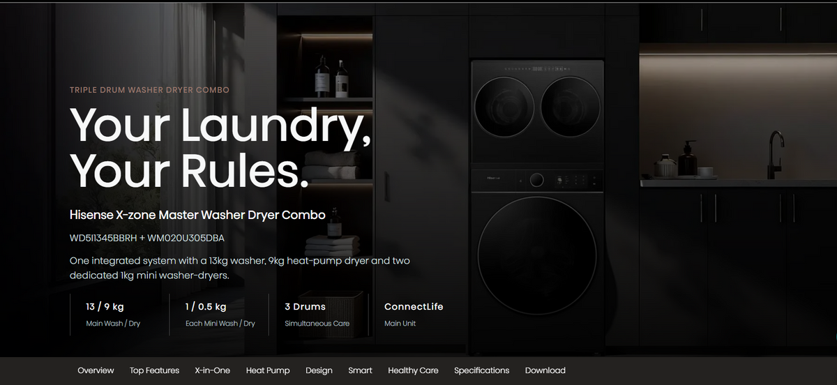 Hisense X-zone Master Triple Drum washer dryer combo in black, 13kg washer and 9kg heat pump dryer