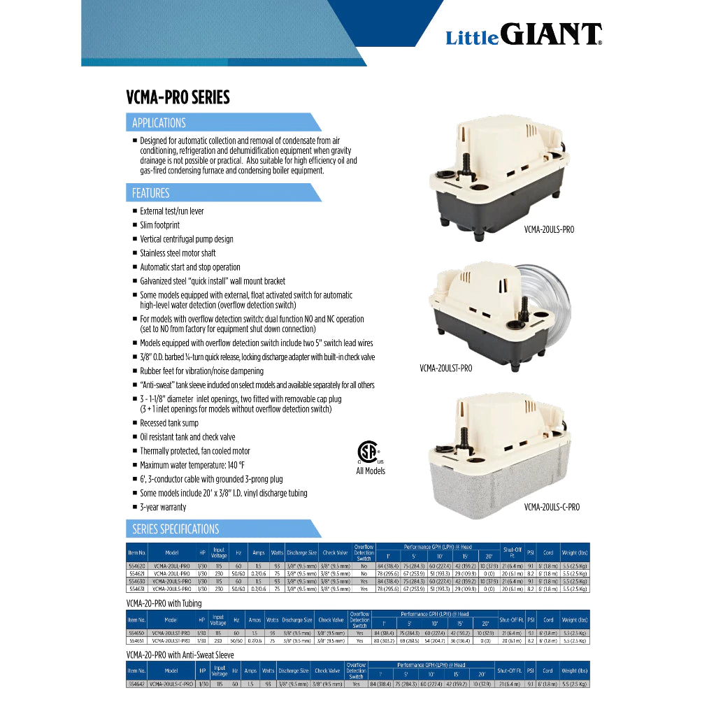 Little Giant Aircon Condensate Drain Water Pump VCMA-20ULS-PRO - Commercestar Engineering 