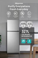Hisense 327L silver top mount inverter refrigerator with freezer compartment, showcasing the sleek exterior and handle design.