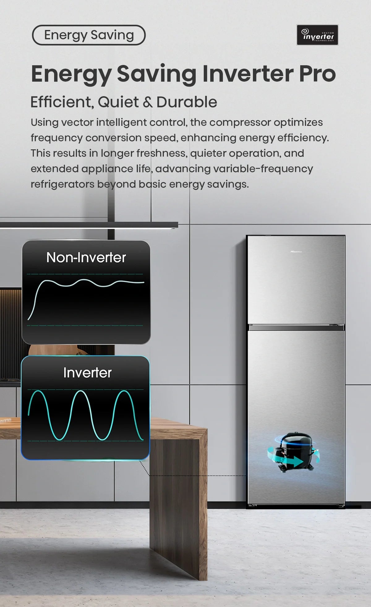 Hisense 327L silver top mount inverter refrigerator showing the front view with door handles and digital display panel.