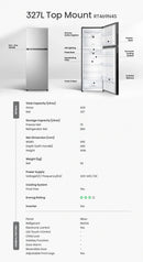 Hisense 327L silver top mount inverter refrigerator with freezer compartment and sleek exterior design.