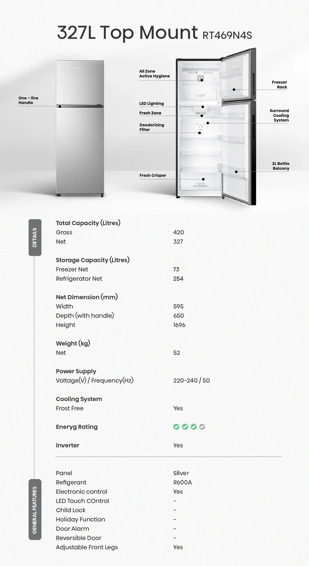 Hisense 327L silver top mount inverter refrigerator with freezer compartment and sleek exterior design.